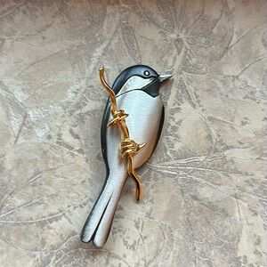 Pewter Bird On A Gold Branch Pin Signed Shields